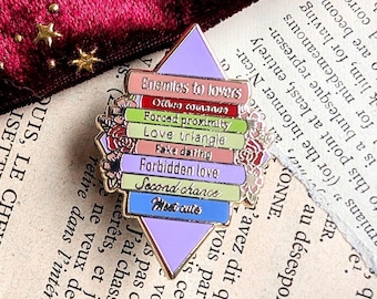 Romance Tropes Hard Enamel Pin / Gold plated bookish pin, book lover, gift for readers, book pile book pin, stocking filler, romance reader.