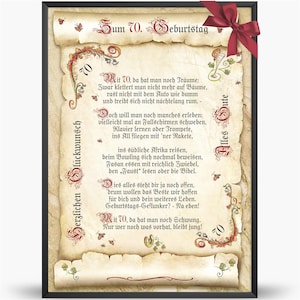 Geschenk Karte Urkunde 70. Geburtstag, Zeichnung mit humorvollem Gedicht, A4 Bild-Präsent