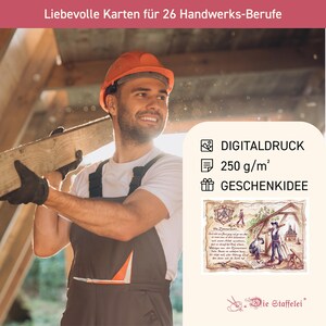 May include: A smiling construction worker wearing an orange hard hat and carrying a wooden beam. The image includes text that reads "DIGITAL PRINT", "250 g/m²", and "GIFT IDEA". A decorative card with an illustration is also visible.