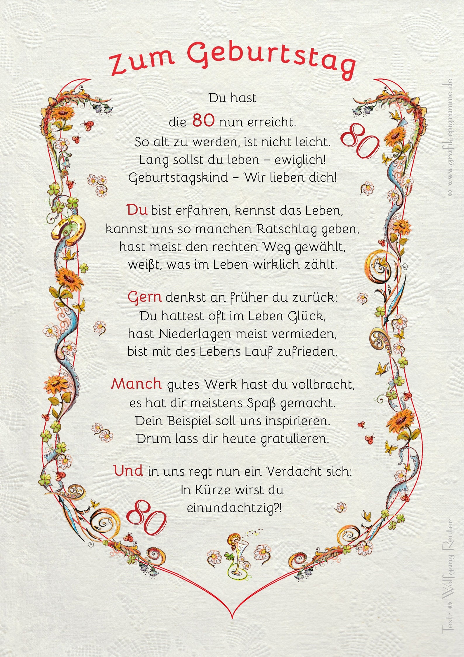 Geschenk Karte Urkunde 80. Geburtstag, Zeichnung mit humorvollem