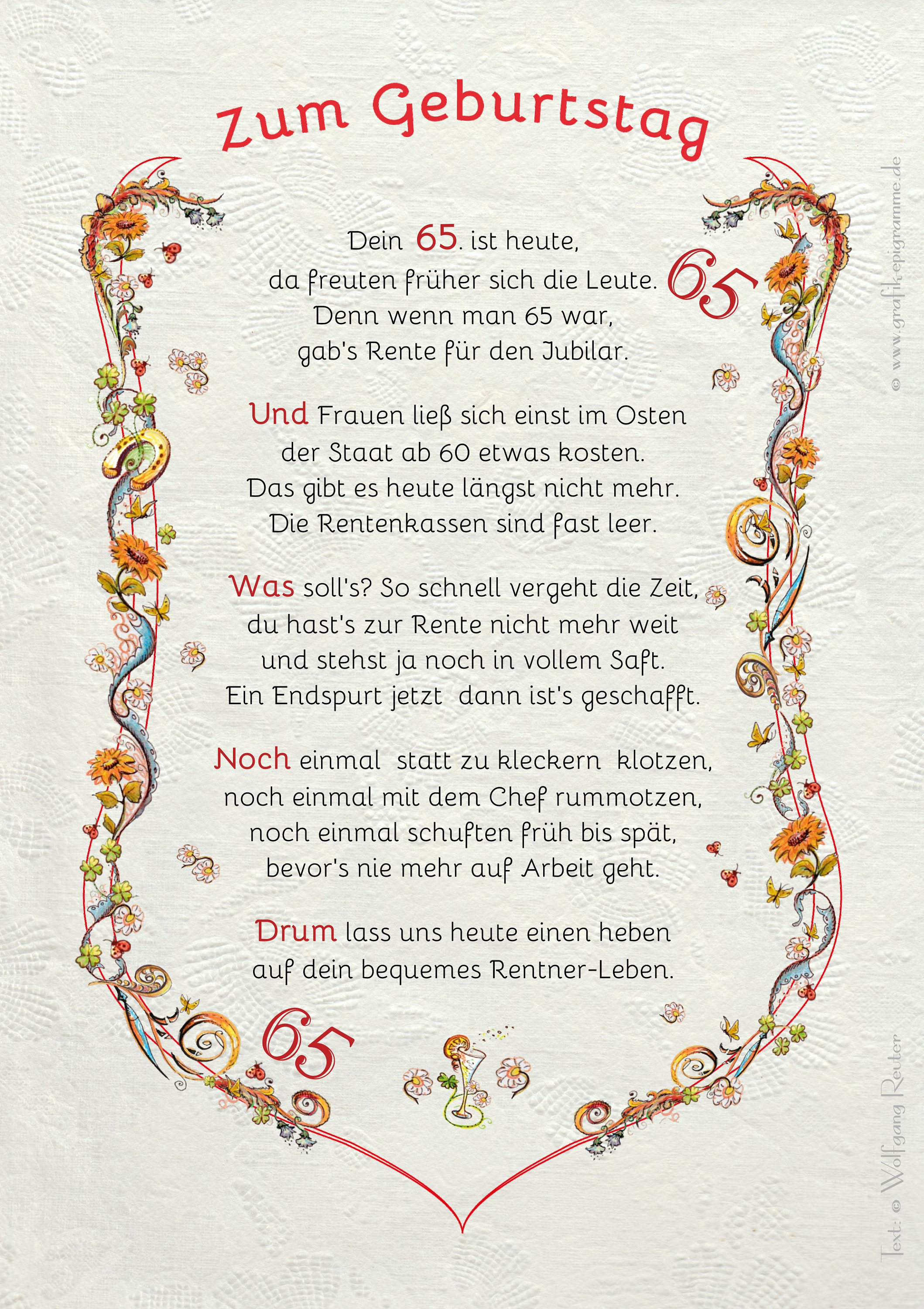 Geschenk Karte Urkunde 65. Geburtstag, Zeichnung mit humorvollem