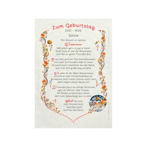 Geschenk Karte Urkunde Sternzeichen Wassermann, Zeichnung mit humorvollem Gedicht, A4 Bild-Präsent, persönlich durch Wunschtext
