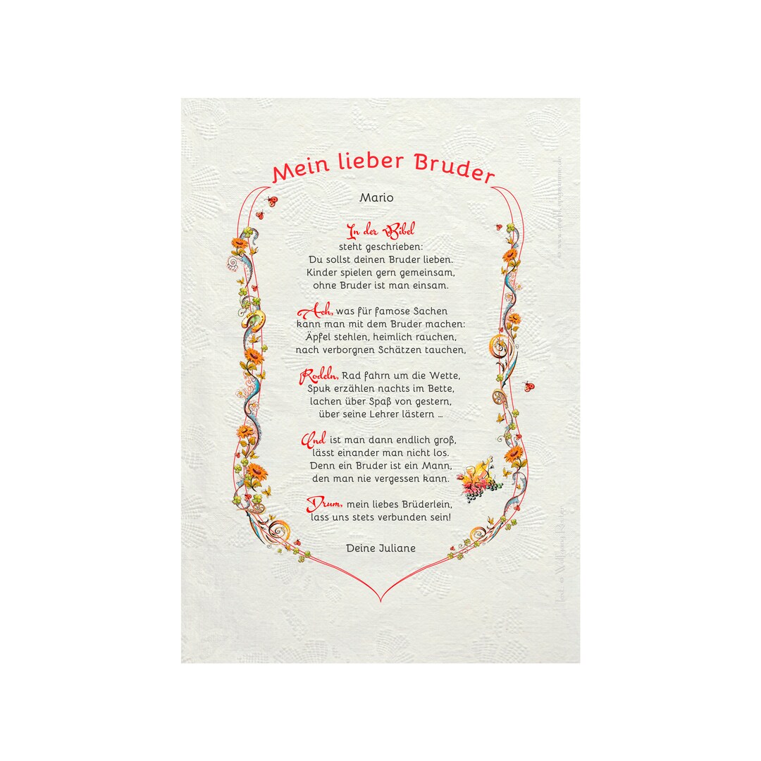 Geschenk Urkunde Mein lieber Bruder, Zeichnung mit humorvollem Gedicht