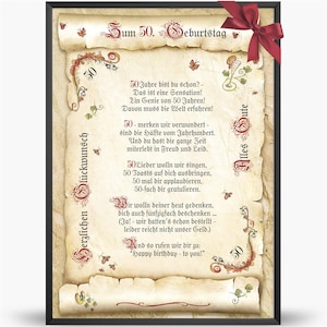 Geschenk Karte Urkunde 50. Geburtstag, Zeichnung mit humorvollem Gedicht, A4 Bild-Präsent