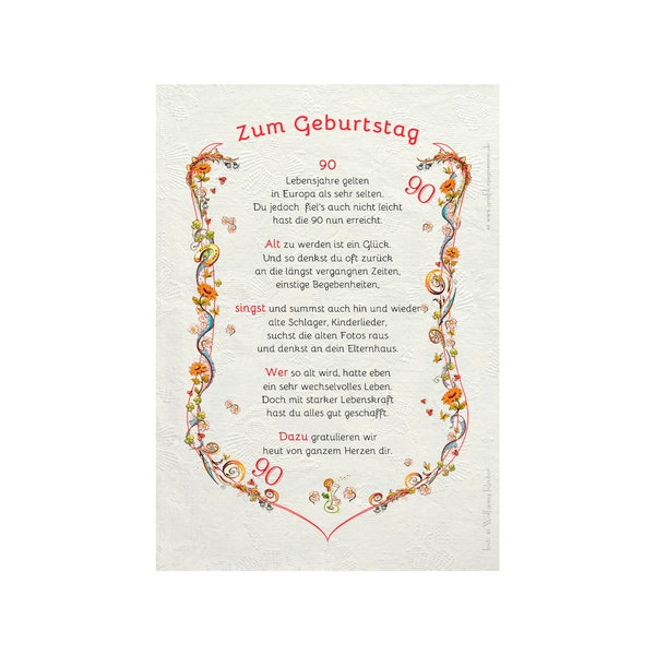 Geschenk Karte Urkunde 90. Geburtstag, Zeichnung mit humorvollem Gedicht, A4 Bild-Präsent