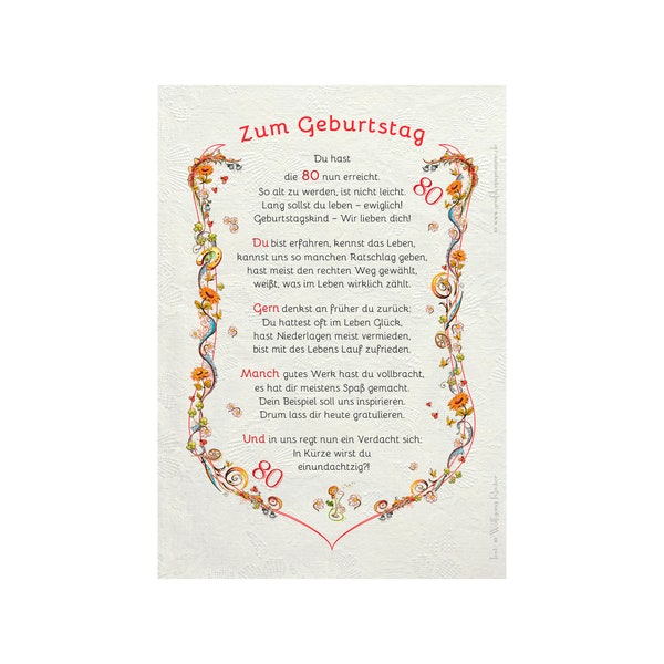 Geschenk Karte Urkunde 80. Geburtstag, Zeichnung mit humorvollem Gedicht, A4 Bild-Präsent