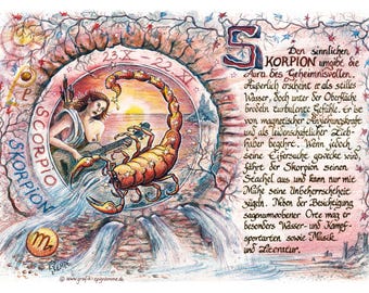 Gift card zodiac sign Scorpio, drawing with saying, A4 picture present