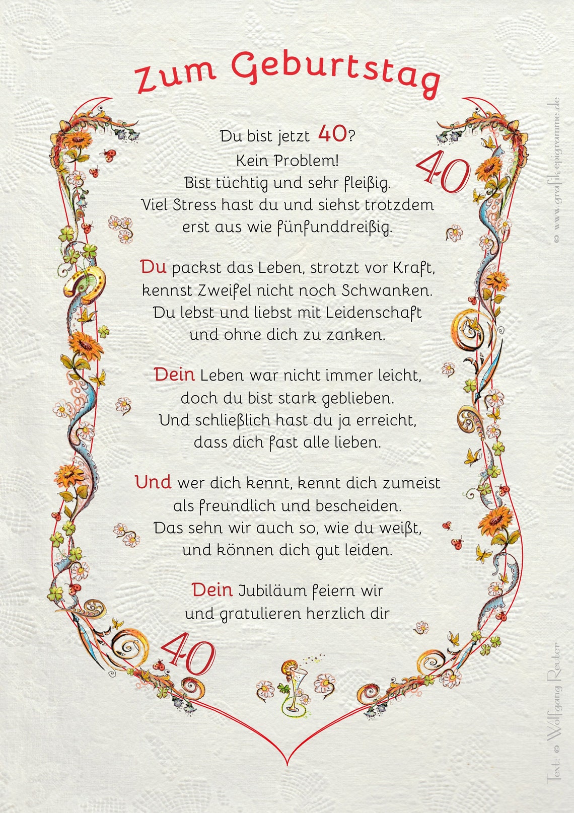 Geschenk Karte Urkunde 40. Geburtstag, Zeichnung mit humorvollem