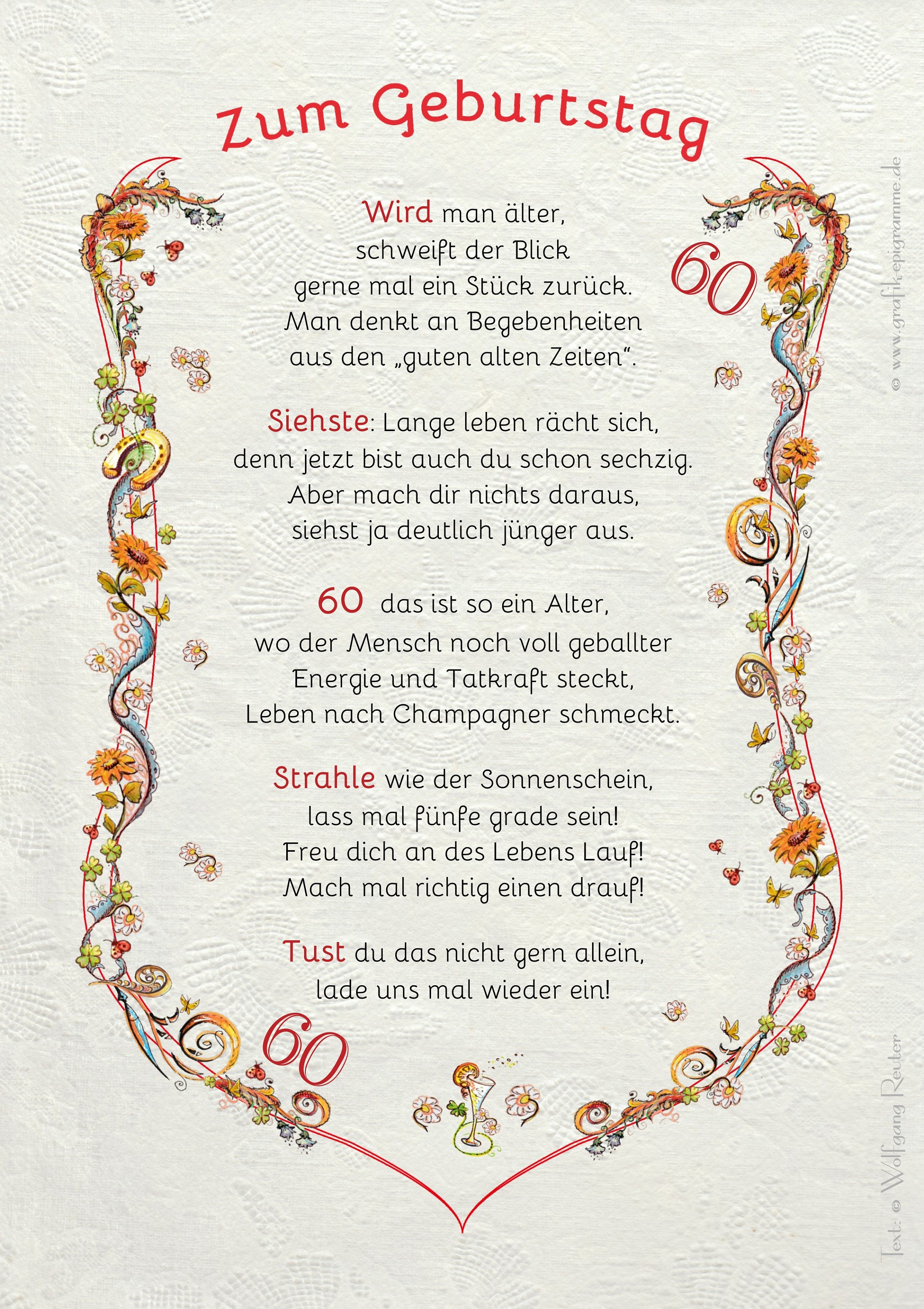 Geschenk Karte Urkunde 60. Geburtstag, Zeichnung mit humorvollem
