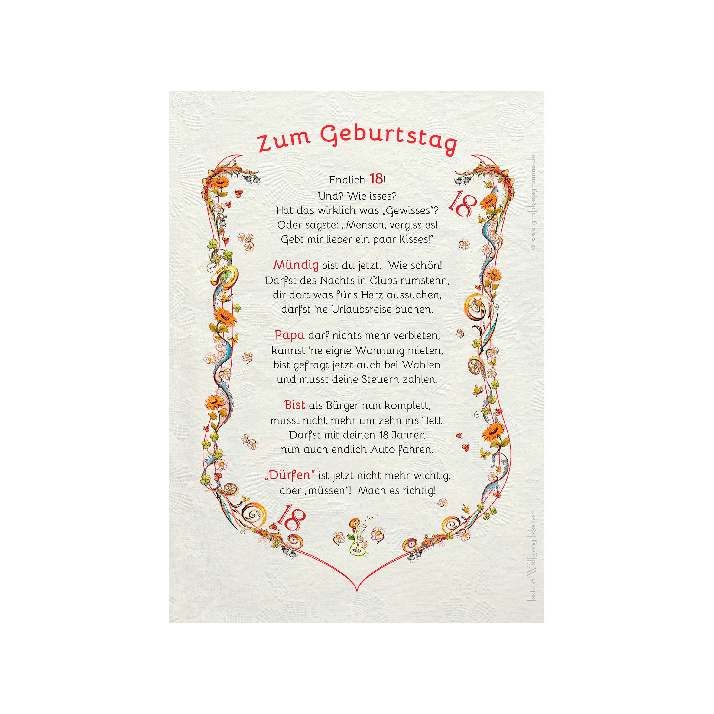 Geschenk Karte Urkunde 18. Geburtstag, Zeichnung mit humorvollem