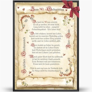 Geschenk Karte Urkunde 80. Geburtstag, Zeichnung mit humorvollem Gedicht, A4 Bild-Präsent