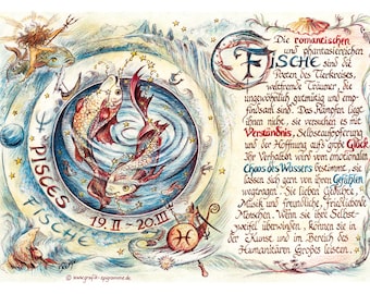 Gift card zodiac sign Pisces, drawing with saying, A4 picture present
