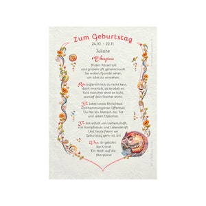 Geschenk Karte Urkunde Sternzeichen Skorpion, Zeichnung mit humorvollem Gedicht, A4 Bild-Präsent für Skorpione, persönlich durch Wunschtext