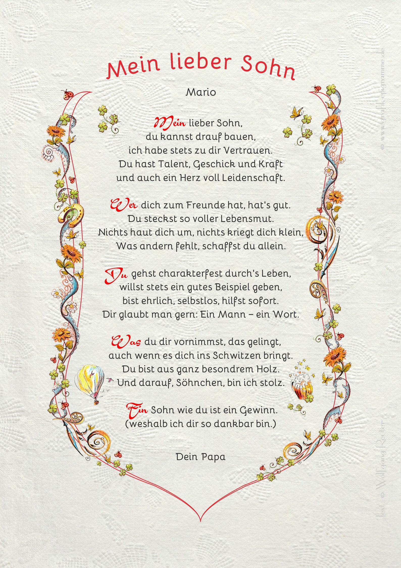 Geschenk Urkunde Mein lieber Sohn, Zeichnung mit humorvollem Gedicht