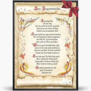 Puede incluir: Impresión enmarcada estilo pergamino con texto en alemán, con ilustraciones coloridas de mariposas y figuras. Una cinta roja adorna la esquina superior derecha. La impresión celebra una Jugendweihe.