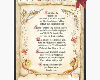 Gift card certificate youth consecration, drawing with humorous poem, A4 picture present