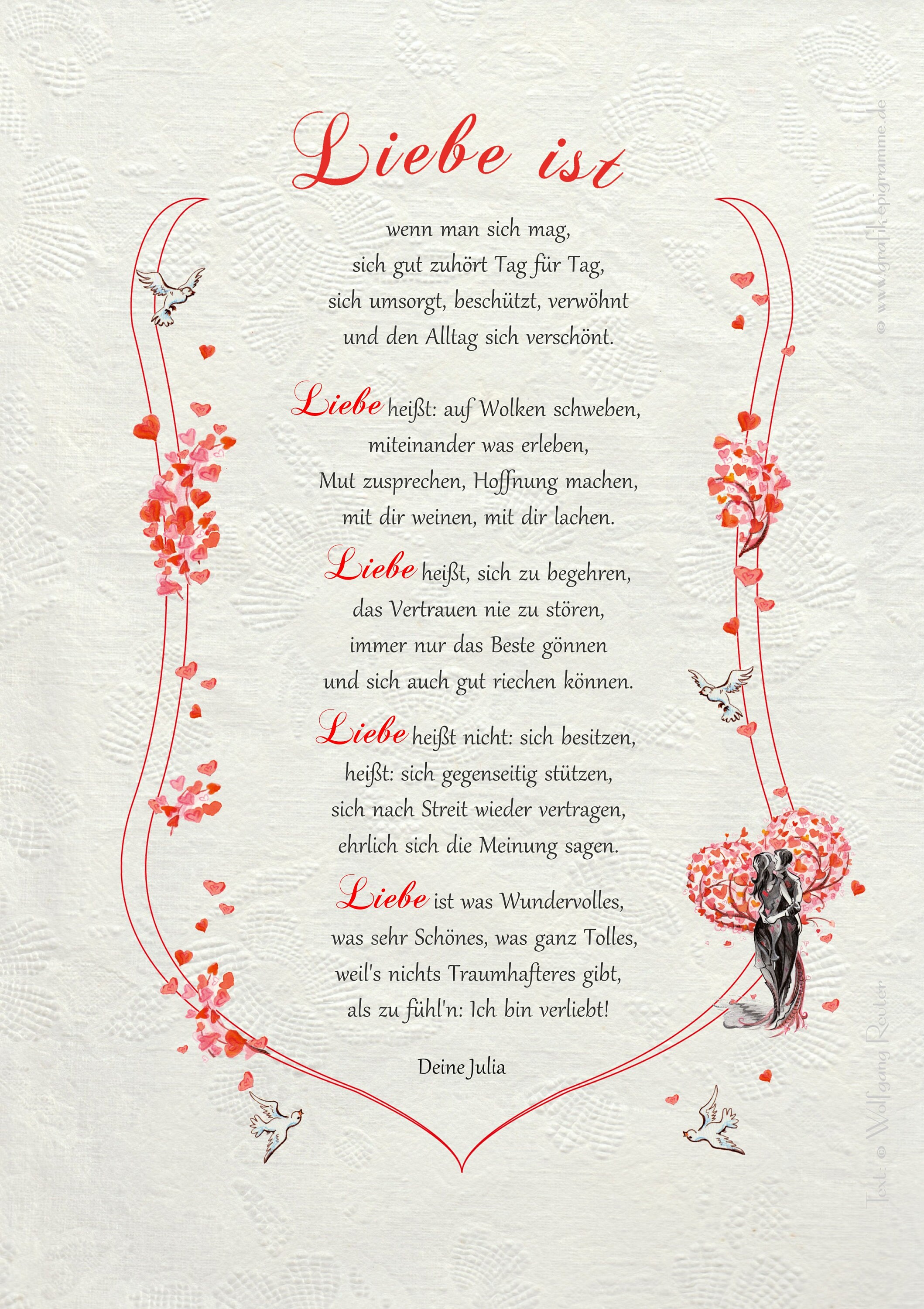 Geschenk Urkunde Liebe ist, Zeichnung mit humorvollem Gedicht, Bild