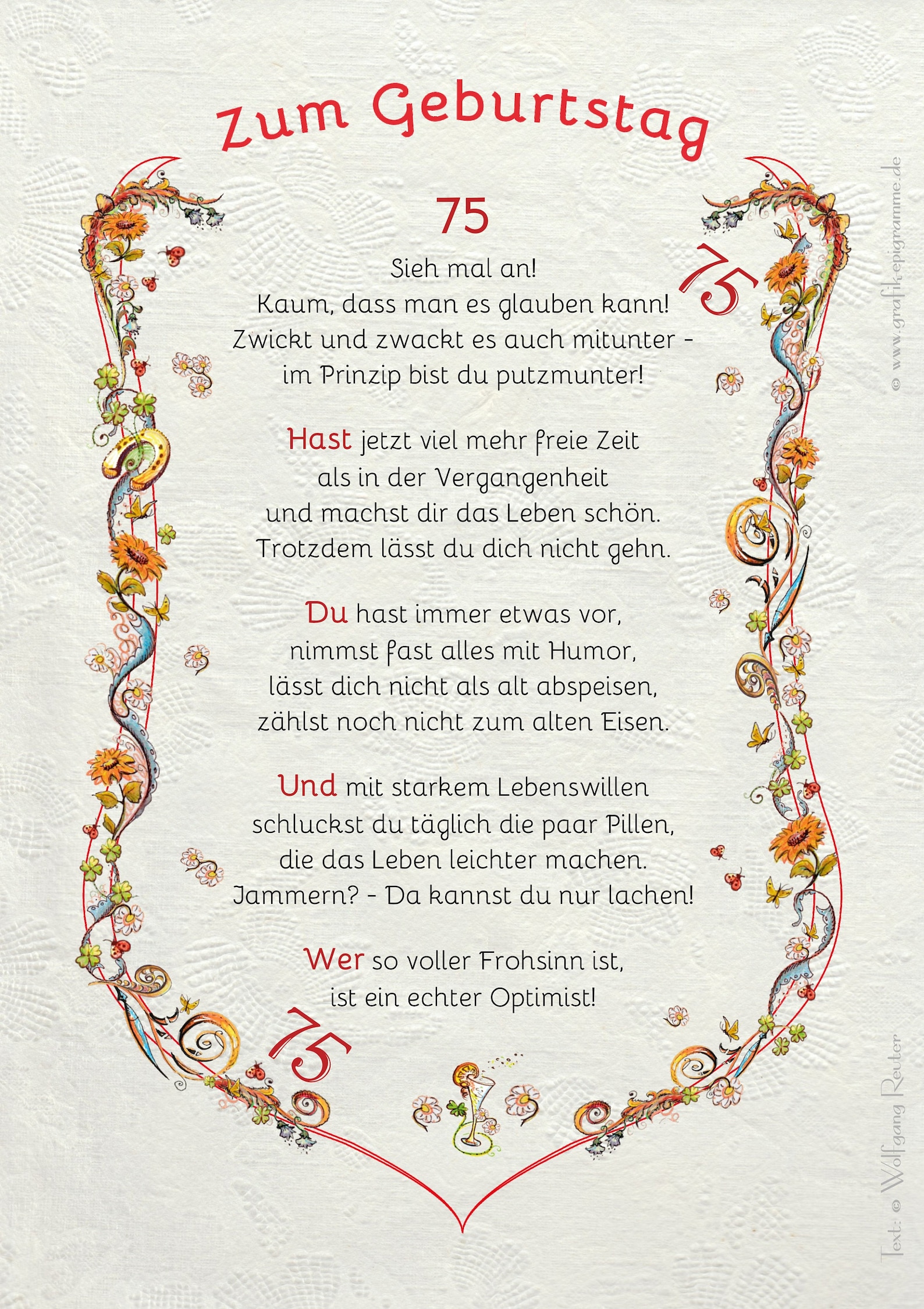 Gift Card Certificate 75th Birthday, Drawing With Humorous Poem, A4