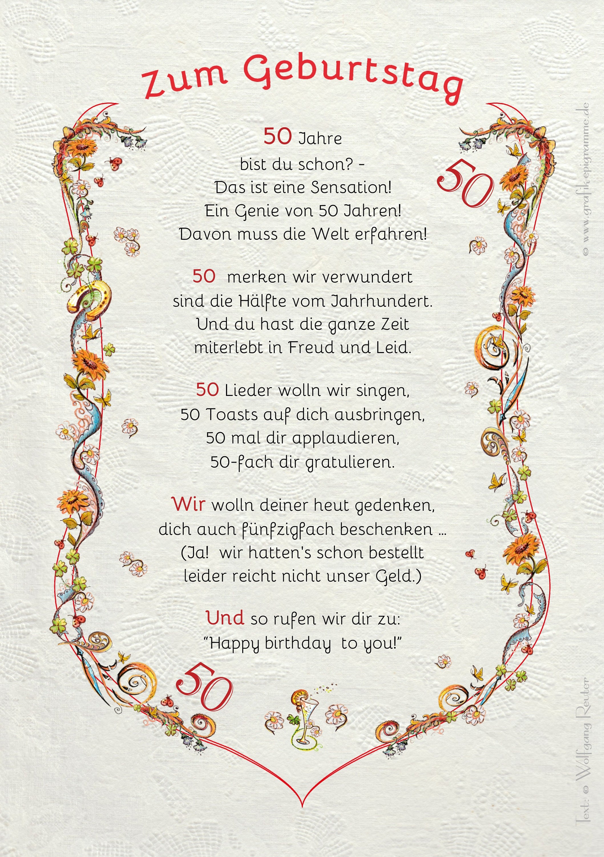 Geschenk Karte Urkunde 50. Geburtstag, Zeichnung mit humorvollem
