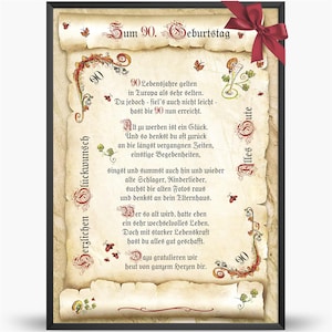 Geschenk Karte Urkunde 90. Geburtstag, Zeichnung mit humorvollem Gedicht, A4 Bild-Präsent