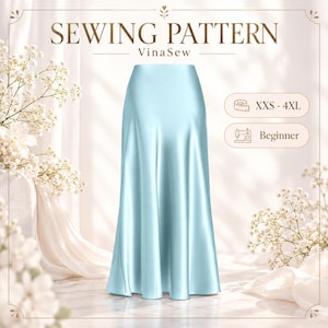 Bias Cut Maxi Skirt Sewing Pattern, High Waist Satin PDF, Beginner, XXS–4XL