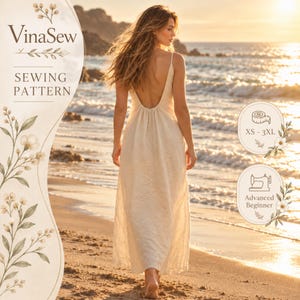 May include: A VinaSew sewing pattern for a floor-length, cream-colored dress with a low back and thin straps. The design includes sizing from XS to 3XL and is categorized for an advanced beginner skill level, featuring floral accents.
