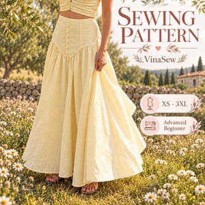 May include: A pale yellow high-waisted maxi skirt with a button-down front closure and a V-shaped waist seam. The text reads SEWING PATTERN, VinaSew, XS - 3XL, and Advanced Beginner. The skirt features a full, flowing silhouette with pleats.