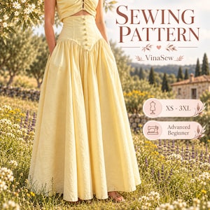 May include: A pale yellow high-waisted maxi skirt with a button-down front closure and side pockets. The text SEWING PATTERN VinaSew is displayed alongside icons indicating sizes XS-3XL and an Advanced Beginner skill level rating.