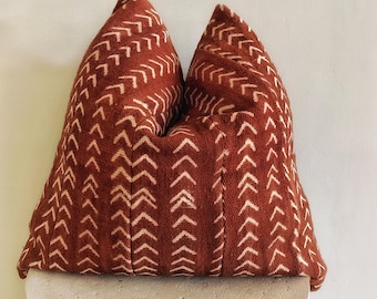 Handmade Rust Mudcloth Pillow Cover, African Boho Decor (20x20'')