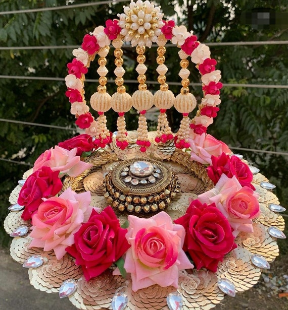 Ekta Handicrafts Floral Engagement Ring Platter with 2 Ring Holder (Pink)