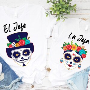 Día de los Muertos, Día de Muertos, Camisa de pareja de calaveras de azúcar, disfraz de Halloween, fiesta mexicana, camisa de pareja, pareja a juego