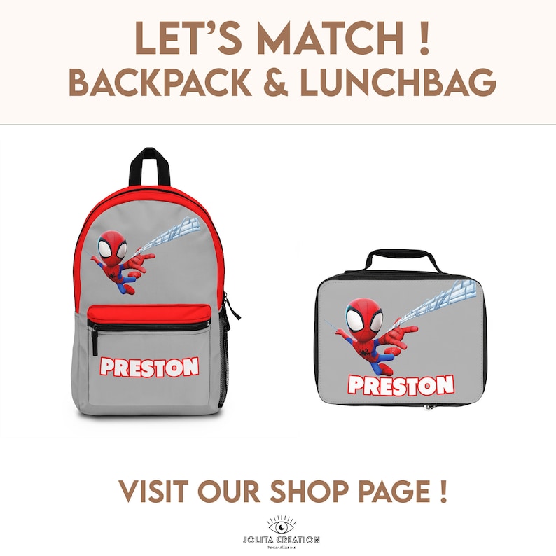 May include: A gray and red backpack and lunch bag set featuring a cartoon Spiderman design. The bags have the name "Preston" printed on them.