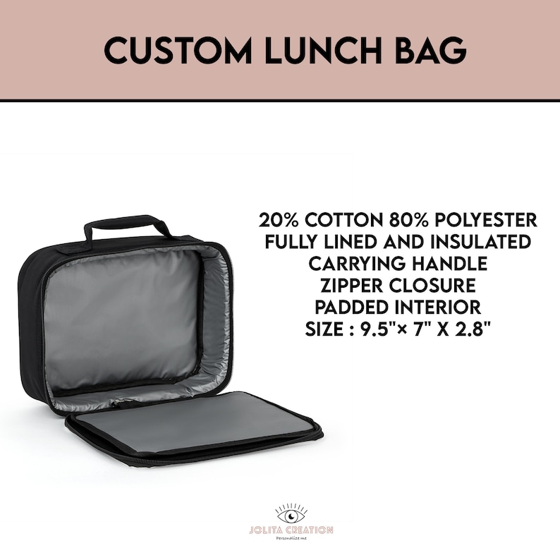 May include: Black lunch bag with a zipper closure and a carrying handle. The bag is fully lined and insulated. It measures 9.5 inches by 7 inches by 2.8 inches.