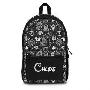 May include: Black backpack with a white outline pattern of Disney park icons and the word "Magic". The backpack has a black pocket with the name "Chloe" in white cursive.