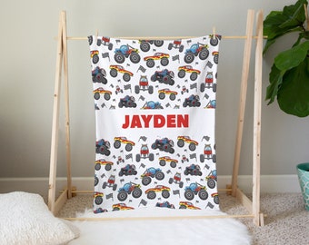 Monster Trucks Blanket, Monster Truck Gifts, Custom Throw Blanket, Personalized Velveteen Blanket,Custom Cozy Blanket,Toddler Custom Blanket