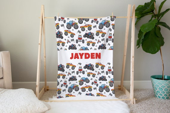 Monster Trucks Blanket, Monster Truck Gifts, Custom Throw Blanket, Personalized Velveteen Blanket,Custom Cozy Blanket,Toddler Custom Blanket