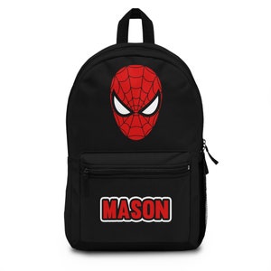 May include: Black backpack with a red and black Spider-Man mask design and the name "MASON" in red letters on the front pocket.