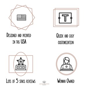 Peut inclure: Graphique avec quatre ic&ocirc;nes et du texte. Les ic&ocirc;nes sont un drapeau am&eacute;ricain, une lettre T dans une bo&icirc;te, un troph&eacute;e avec une &eacute;toile et une femme assise devant un ordinateur portable. Le texte dit "Con&ccedil;u et imprim&eacute; aux &Eacute;tats-Unis", "Personnalisation rapide et facile", "Beaucoup d'avis 5 &eacute;toiles" et "Entreprise dirig&eacute;e par une femme".