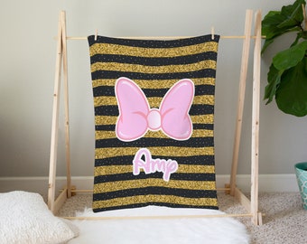 Minnie Custom Blanket Minnie Mouse Name Minnie Mouse Bedding Disney Baby Shower Gift Velveteen Personalized Minnie Mouse Bedroom Decor
