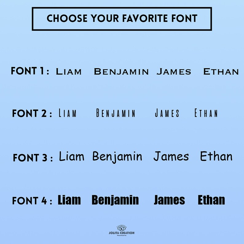 Puede incluir: Se muestran cuatro estilos de fuente diferentes con los nombres Liam, Benjamin, James y Ethan. El texto "Elige tu fuente favorita" est&aacute; en la parte superior de la imagen.