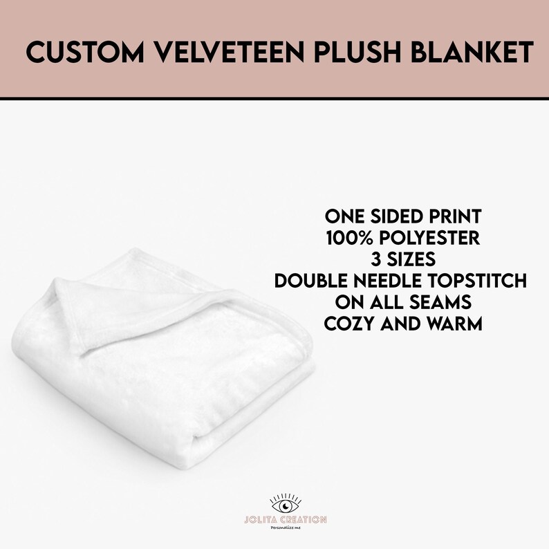 May include: A folded white custom velveteen plush blanket. The blanket is made of 100% polyester and features a double needle topstitch on all seams. The text on the image reads "Custom Velveteen Plush Blanket", "One Sided Print", "3 Sizes", and "Cozy and Warm".