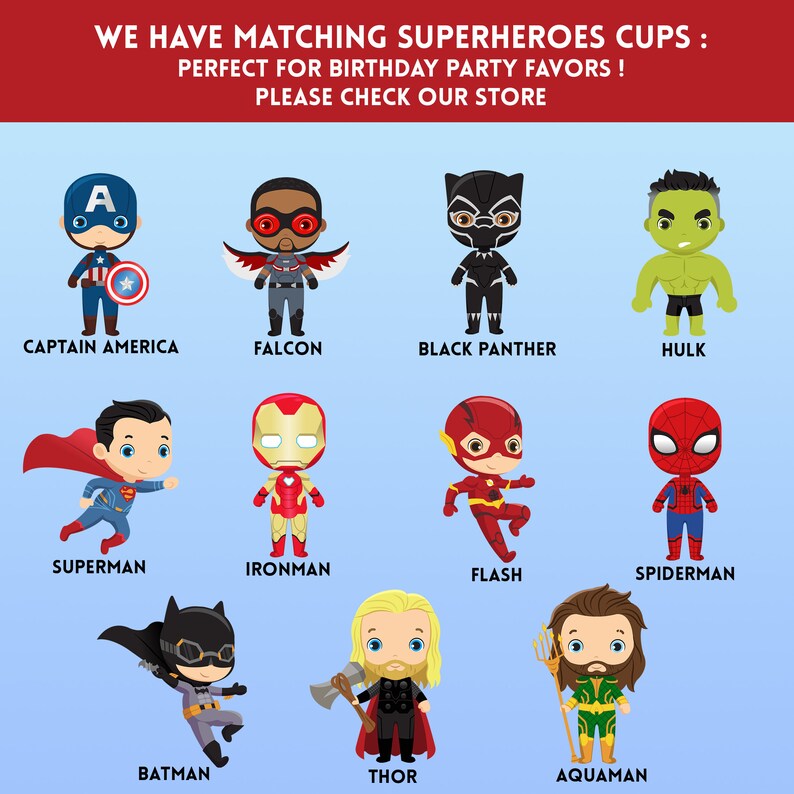 Peut inclure: Un ensemble de 12 gobelets sur le th&egrave;me des super-h&eacute;ros avec des personnages comme Captain America, Superman, Batman, Iron Man, Thor et Aquaman. Les gobelets sont parfaits pour une f&ecirc;te d'anniversaire.