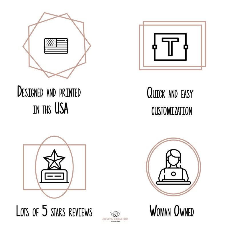 May include: Graphic with four icons and text. The icons are a US flag, a letter T in a box, a trophy with a star, and a woman sitting at a laptop. The text reads "Designed and printed in the USA", "Quick and easy customization", "Lots of 5 stars reviews", and "Woman Owned".