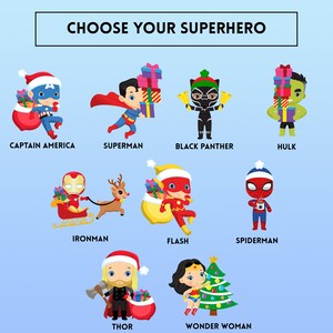 Puede incluir: Una ilustraci&oacute;n colorida de varios superh&eacute;roes vestidos con atuendos festivos de vacaciones. Cada superh&eacute;roe sostiene un regalo o un art&iacute;culo con tem&aacute;tica navide&ntilde;a. Los superh&eacute;roes incluyen a Captain America, Superman, Black Panther, Hulk, Ironman, Flash, Spiderman, Thor y Wonder Woman.