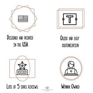 May include: Graphic with four icons and text. The icons are a US flag, a letter T in a box, a trophy with a star, and a woman sitting at a laptop. The text says "Designed and printed in the USA", "Quick and easy customization", "Lots of 5 stars reviews", and "Woman owned".