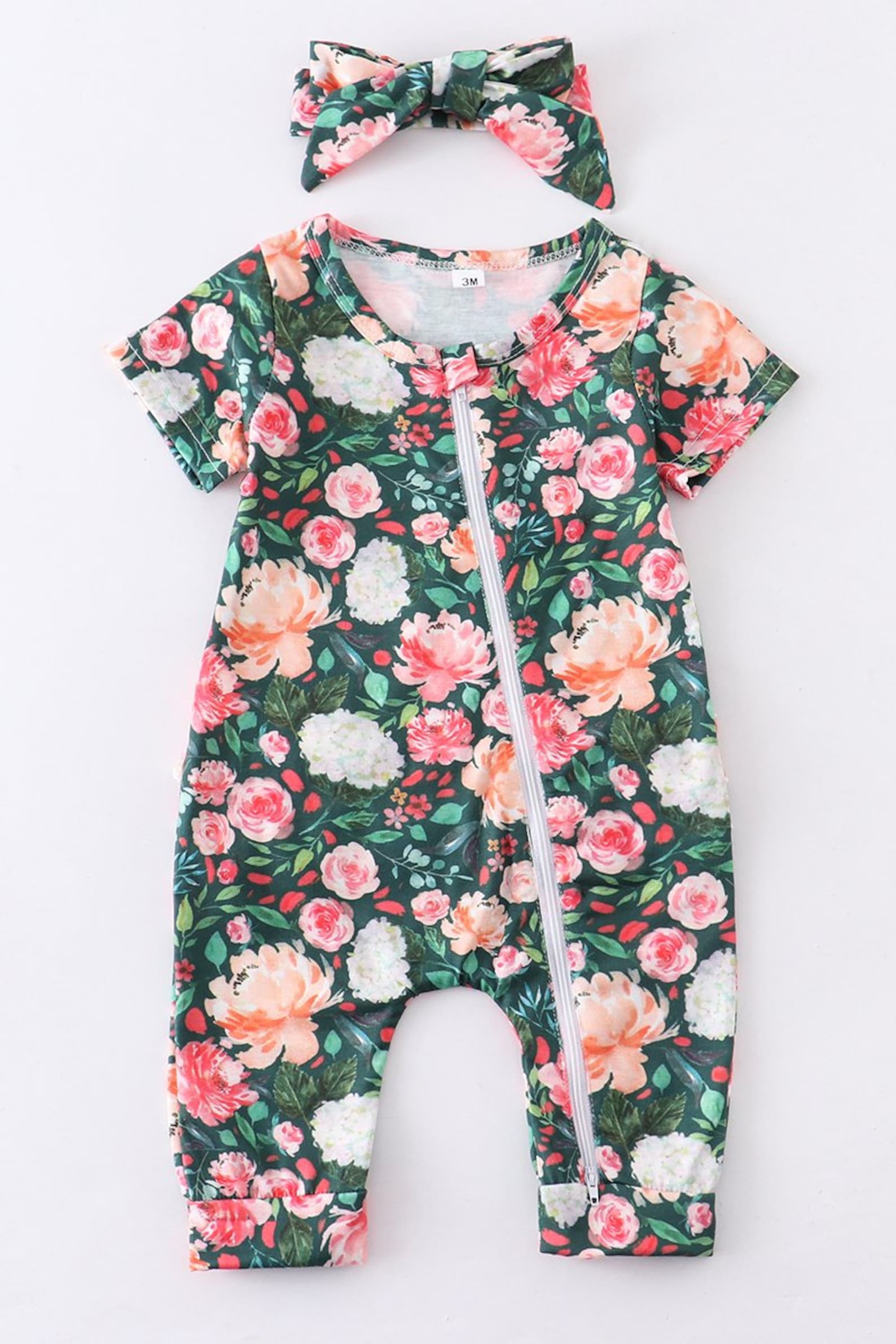 Baby Girl Green Romper Floral Romper Sleeper Ruffle bottom Etsy
