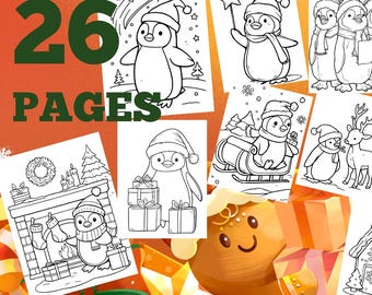 Christmas Penguin Coloring Book for Kids, Winter Coloring Pages, Cute Christmas Activity Book, 26 Pages PDF