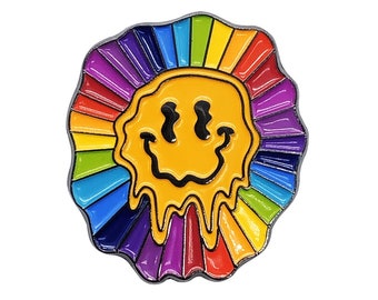 Melting Smiley Face Rainbow Enamel Pin with Metal Frame | Groovy Enamel Pin | Enamel Lapel Pin | Retro Pins | Badge | Slogan Pin