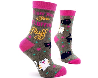 Fluff You You Fluffin' Fluff Sassy Women's Crew Socks | Perfect Gift for Cat Lover | Socks with Black and White Cats | Funny Pet Socks