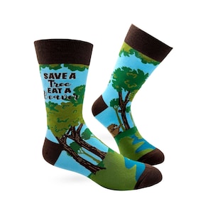 May include: A pair of blue, green and brown socks with a cartoon beaver and the text "Save a Tree Eat a Beaver".